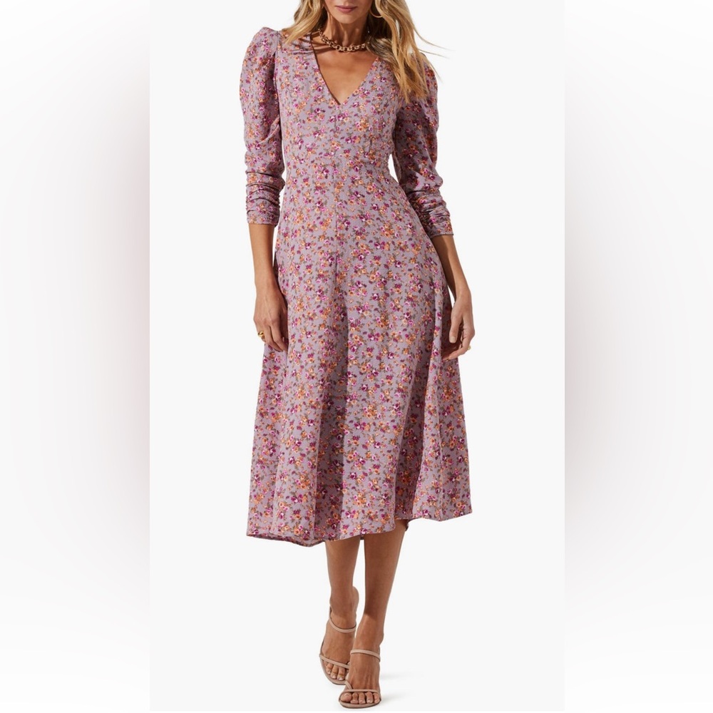 ASTR the Label Puff Sleeve Midi Dress - Purple Peach Floral, Size Small